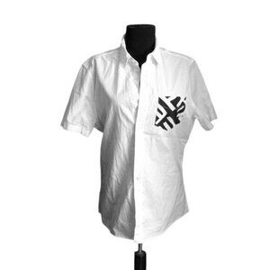 ASOS Mens White Short Sleeve Button-Up Shirt Black Geometric Pocket